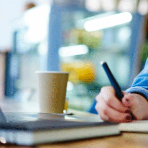 Kvinna i blå skjorta sitter reda framför en laptopskärm med en kopp kaffe och penna och block.